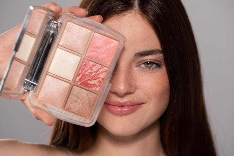 retrato de mulher jovem e bonita com um produto de maquiagem