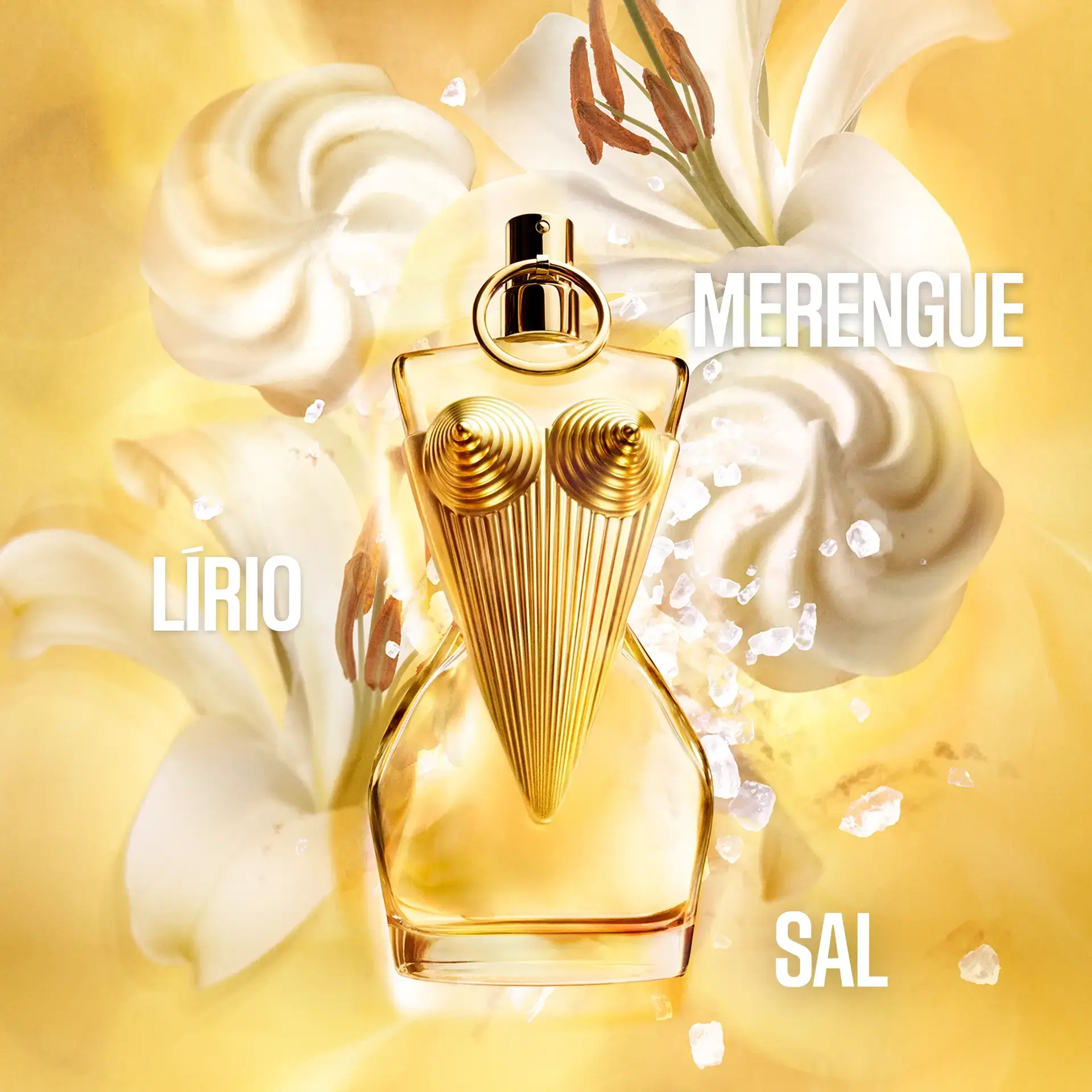 perfume divine do centro com algumas flores de lírio no fundo 