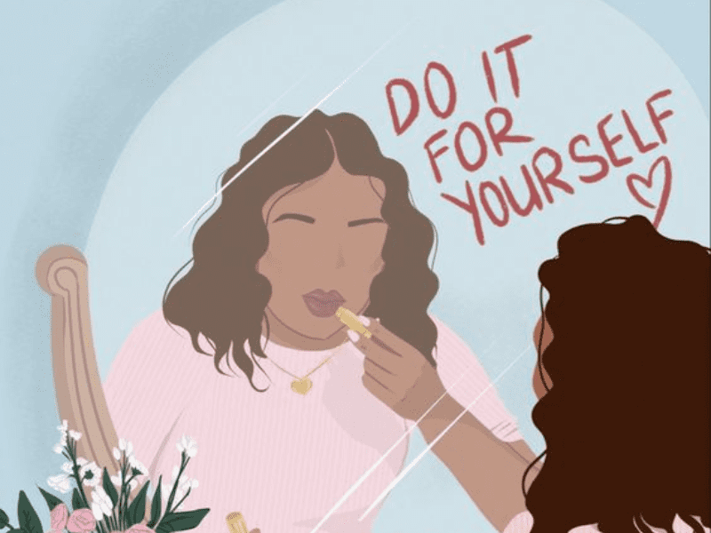 ilustração de uma menina com cabelo cacheado olhando para o espelho