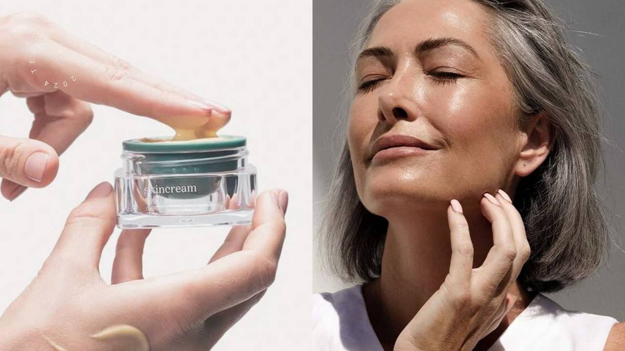 dedos tocando skincream e mulher de meia idade